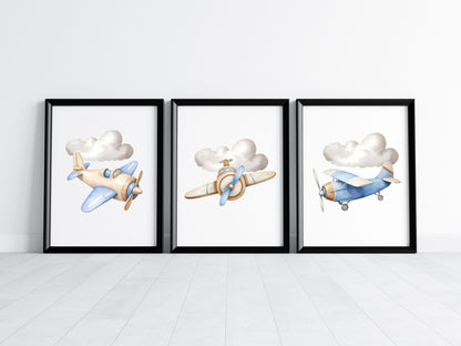 Air transport print set, aviation aeroplane blue beige boys transport wall art (unframed)