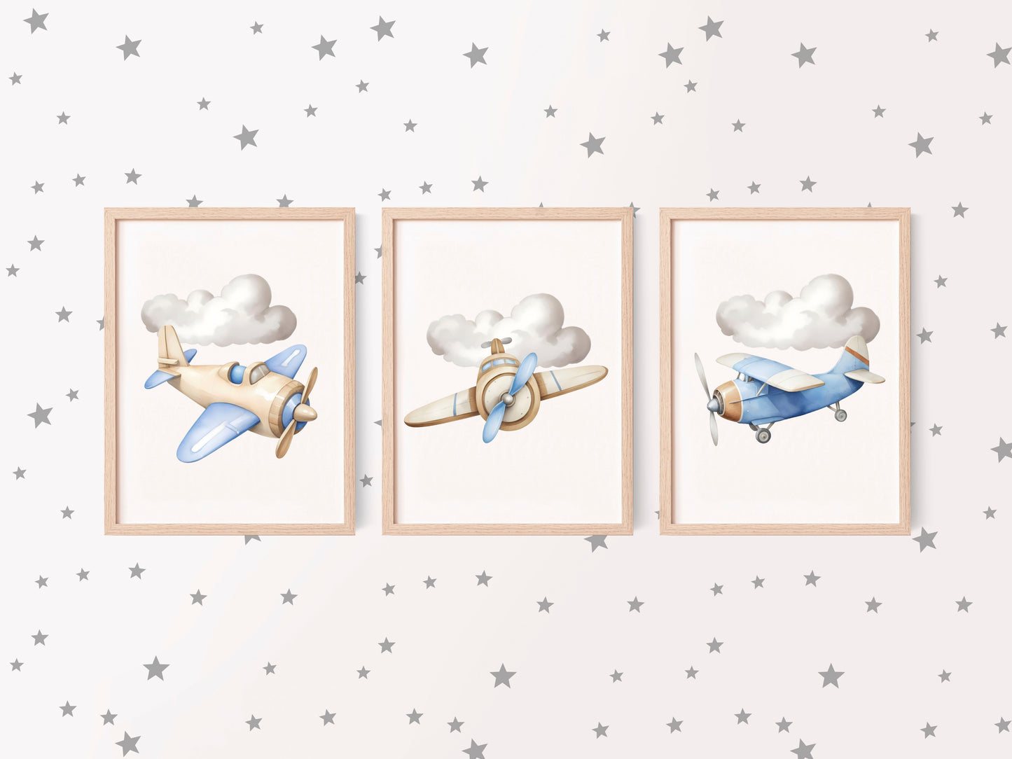 Air transport print set, aviation aeroplane blue beige boys transport wall art (unframed)
