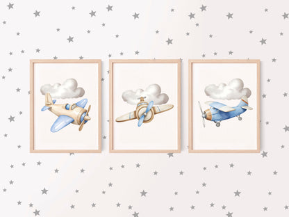 Air transport print set, aviation aeroplane blue beige boys transport wall art (unframed)