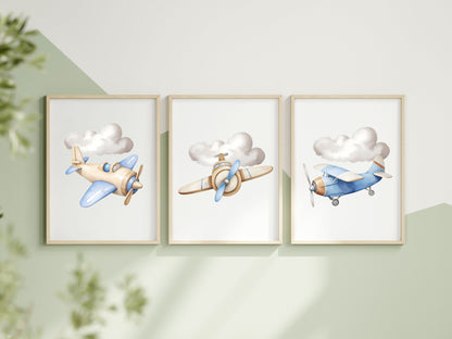 Air transport print set, aviation aeroplane blue beige boys transport wall art (unframed)