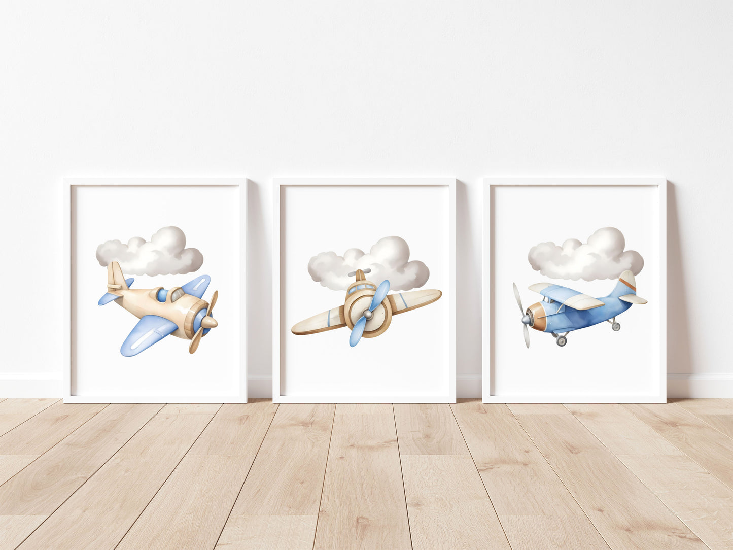 Air transport print set, aviation aeroplane blue beige boys transport wall art (unframed)