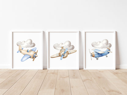 Air transport print set, aviation aeroplane blue beige boys transport wall art (unframed)