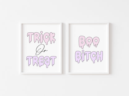 Set of 2 Halloween prints, Trick or treat Boo B*tches halloween seasonal pastel unframed wall art poster prints, halloween signs, spooky art
