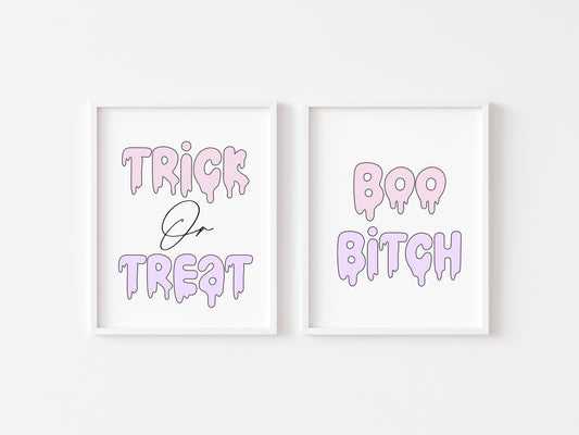 Set of 2 Halloween prints, Trick or treat Boo B*tches halloween seasonal pastel unframed wall art poster prints, halloween signs, spooky art