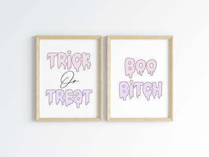 Set of 2 Halloween prints, Trick or treat Boo B*tches halloween seasonal pastel unframed wall art poster prints, halloween signs, spooky art