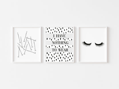 Set of 3 prints,  I have nothing to wear grey eyelashes and bobby pins borderless unframed prints
