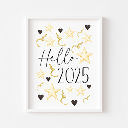 Hello 2025 black gold & party celebrate new year watercolour party balloons celebration sign home unframed wall art print, decorations, new year print