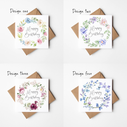 Floral Birthday Cards - pink green blue red floral wreaths - Pack of 4 with envelopes