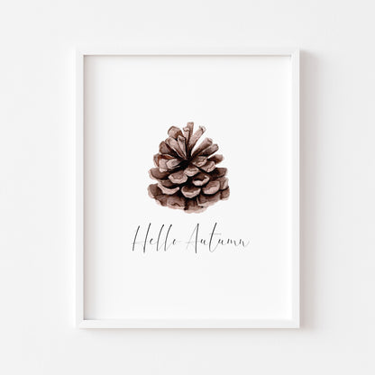Hello Autumn watercolour pine cone seasonal fall unframed wall art poster print