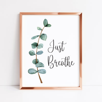 Just breathe green blue eucalyptus botanical stem watercolour bathroom toilet unframed wall art poster print
