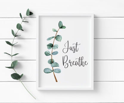 Just breathe green blue eucalyptus botanical stem watercolour bathroom toilet unframed wall art poster print