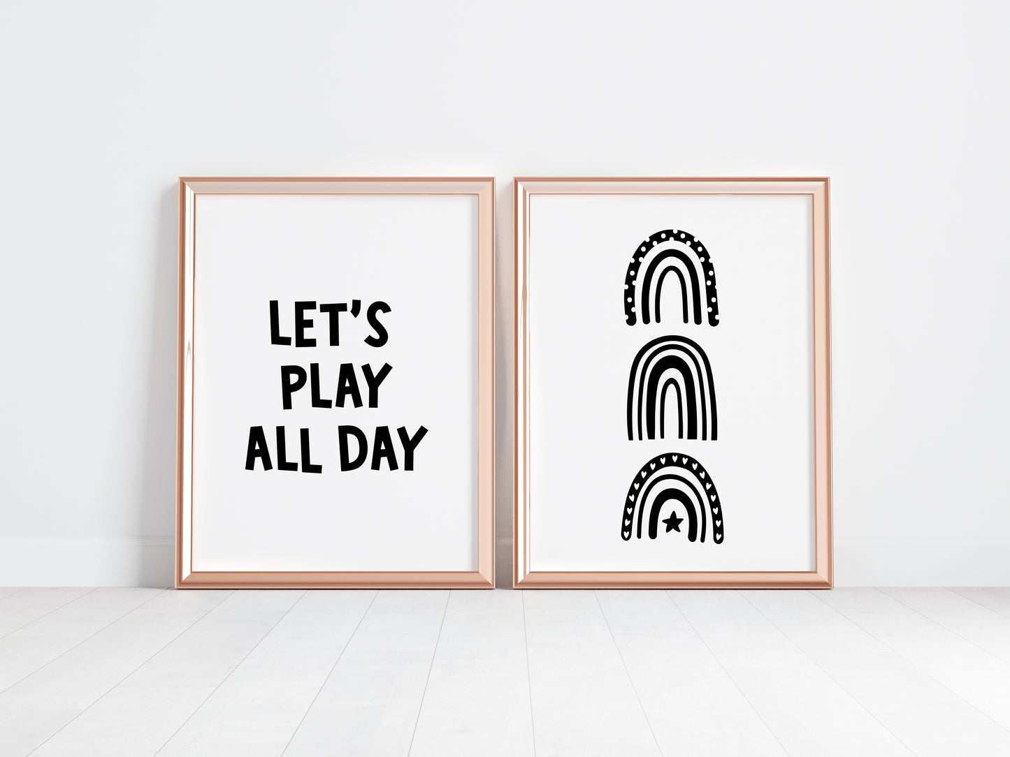 Set of 2 nursery bedroom prints, let's play all day black and white monochrome rainbows unframed wall art poster prints