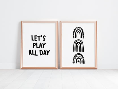 Set of 2 nursery bedroom prints, let's play all day black and white monochrome rainbows unframed wall art poster prints