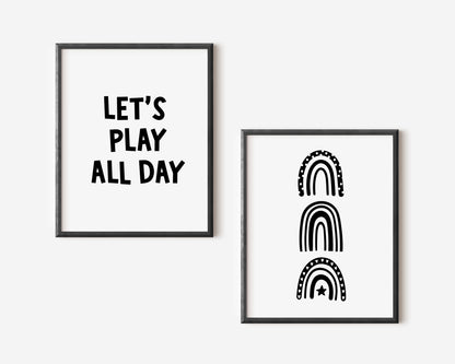 Set of 2 nursery bedroom prints, let's play all day black and white monochrome rainbows unframed wall art poster prints