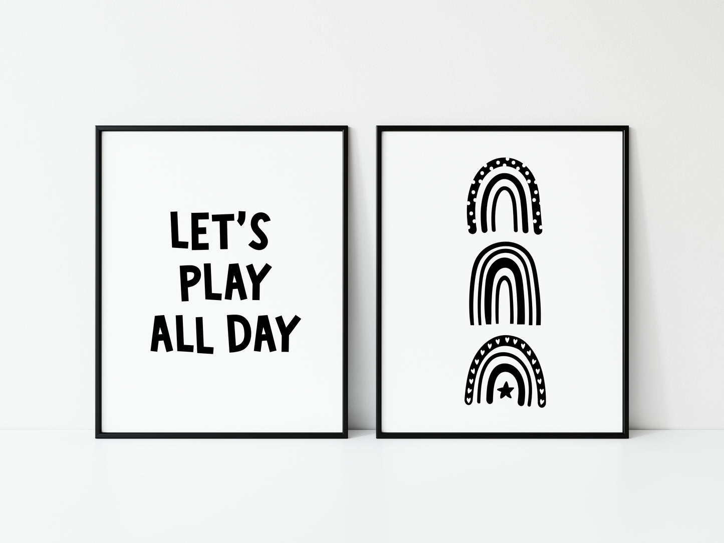 Set of 2 nursery bedroom prints, let's play all day black and white monochrome rainbows unframed wall art poster prints