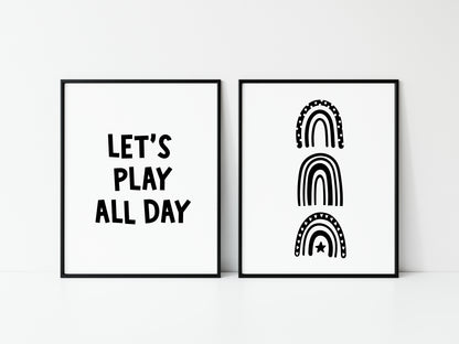 Set of 2 nursery bedroom prints, let's play all day black and white monochrome rainbows unframed wall art poster prints