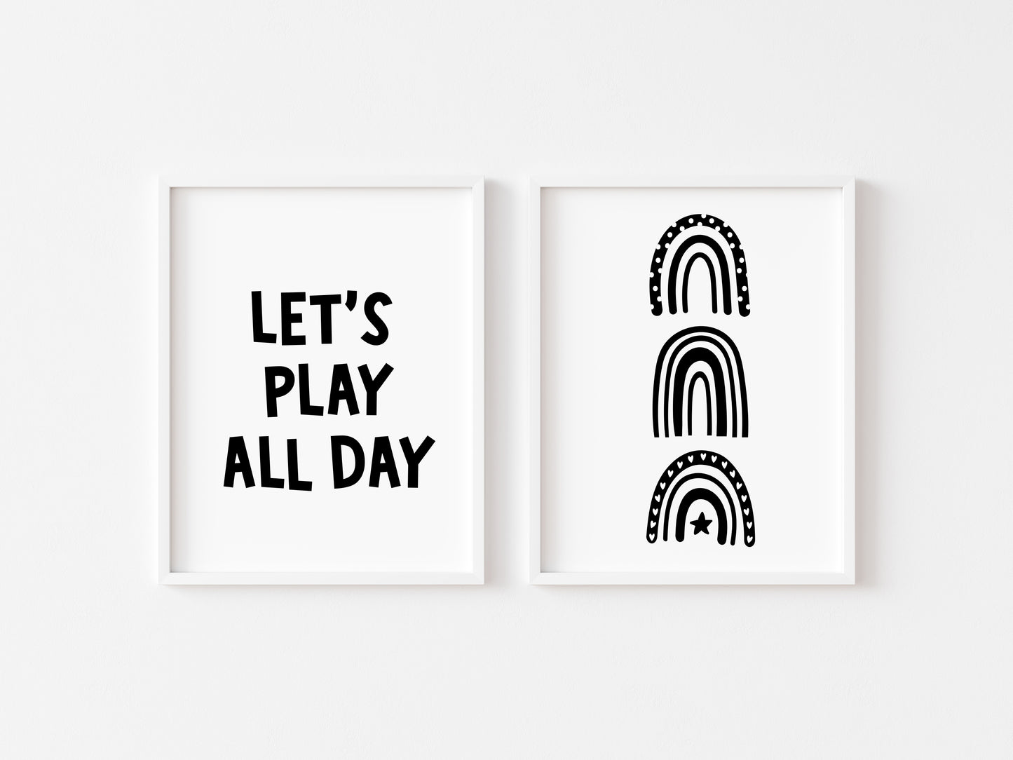 Set of 2 nursery bedroom prints, let's play all day black and white monochrome rainbows unframed wall art poster prints