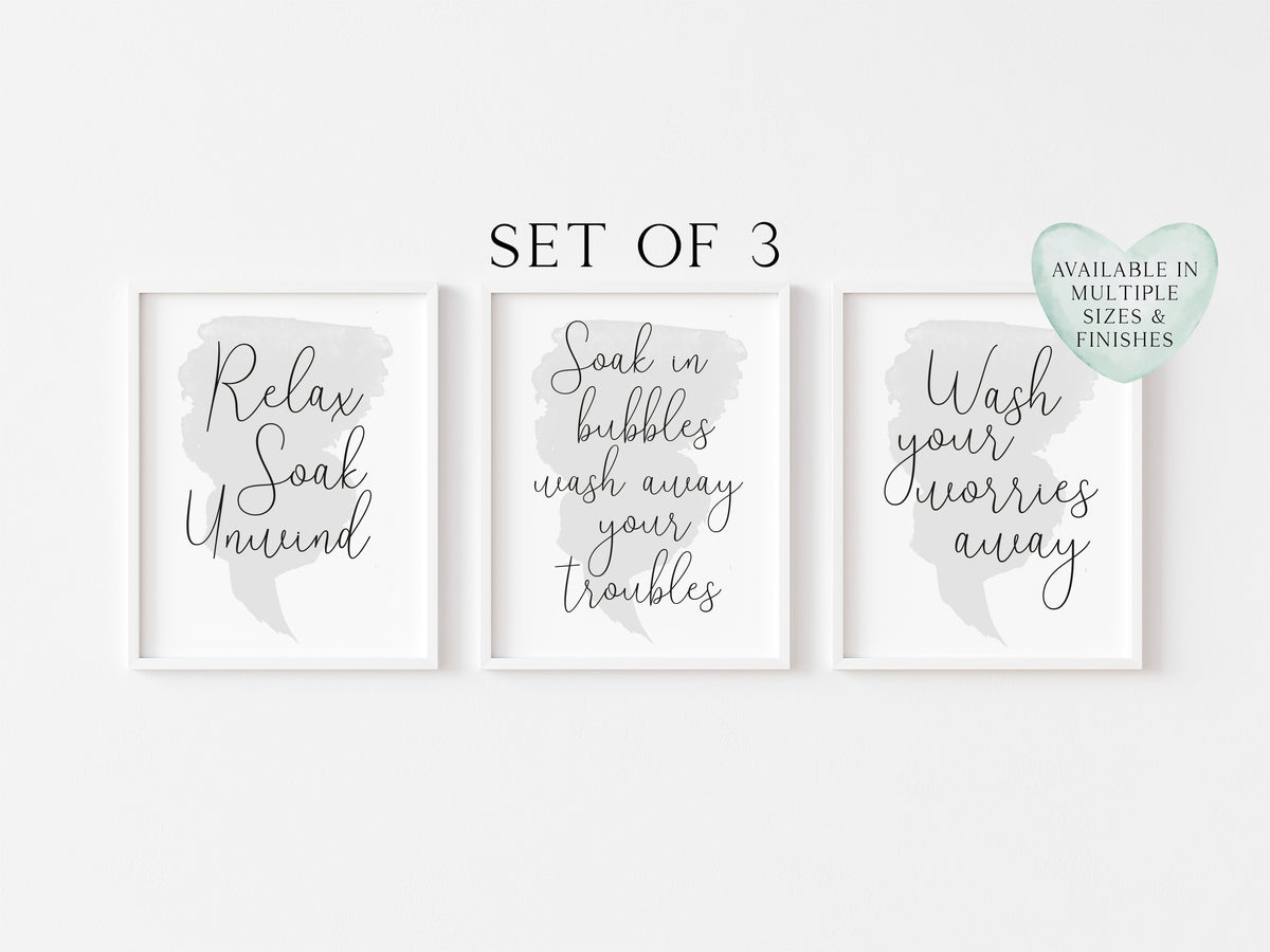 Set of 3 bathroom prints, relax soak unwind soak in bubbles wash away your troubles and wash your worries away watercolour unframed prints