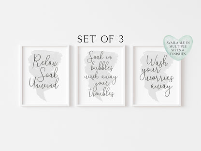 Set of 3 bathroom prints, relax soak unwind soak in bubbles wash away your troubles and wash your worries away watercolour unframed prints