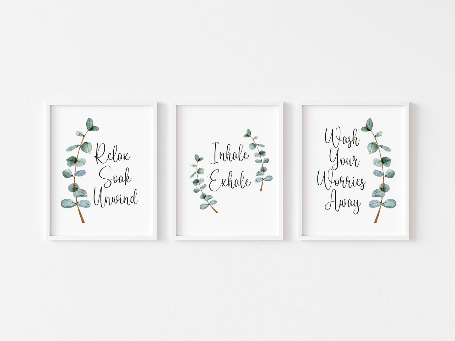 Set of 3 botanical stem relax soak unwind, inhale exhale and wash your worries away unframed prints