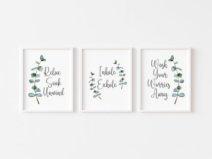 Set of 3 botanical stem relax soak unwind, inhale exhale and wash your worries away unframed prints