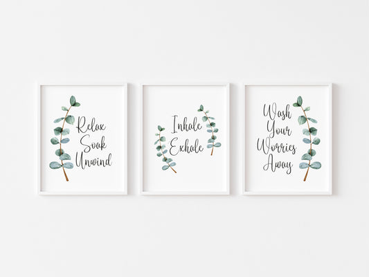 Set of 3 botanical stem relax soak unwind, inhale exhale and wash your worries away unframed prints