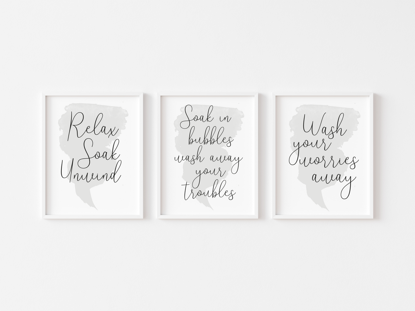 Set of 3 bathroom prints, relax soak unwind soak in bubbles wash away your troubles and wash your worries away watercolour unframed prints