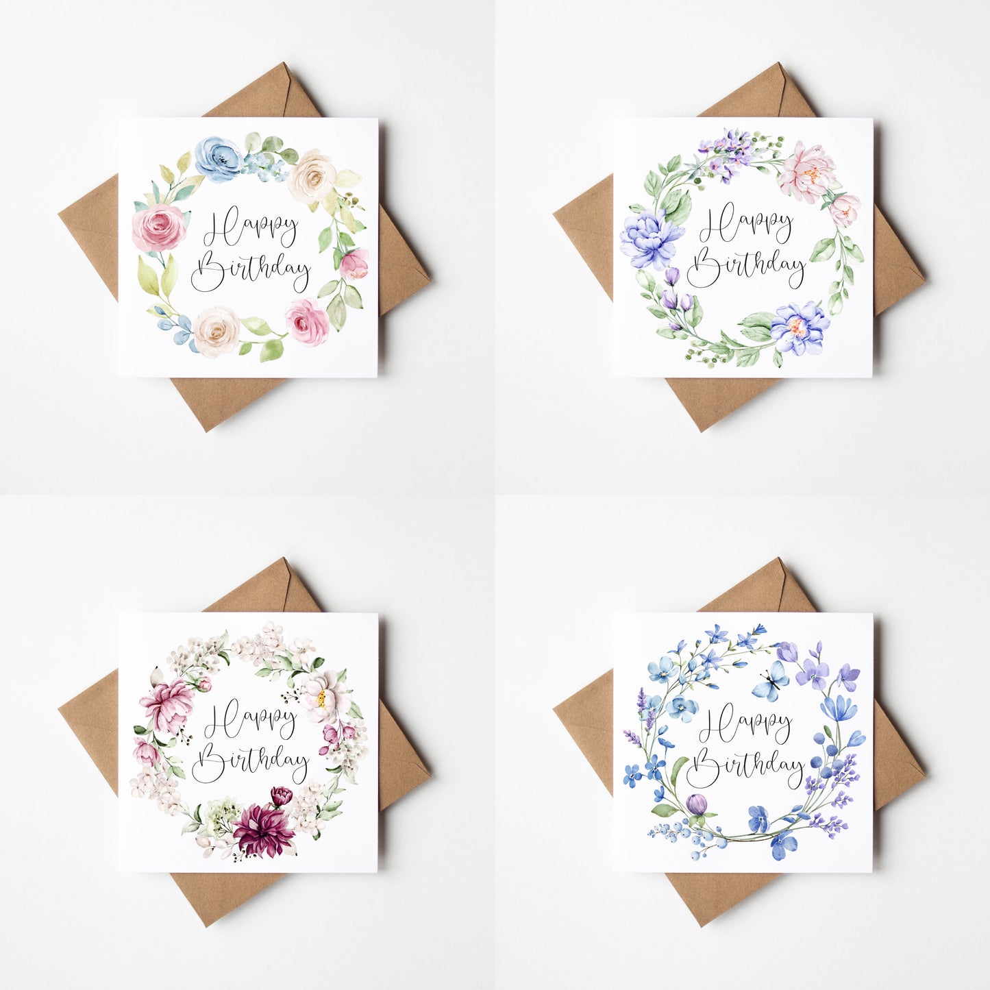 Floral Birthday Cards - pink green blue red floral wreaths - Pack of 4 with envelopes