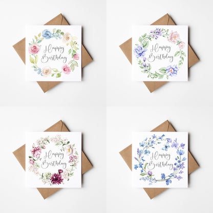 Floral Birthday Cards - pink green blue red floral wreaths - Pack of 4 with envelopes