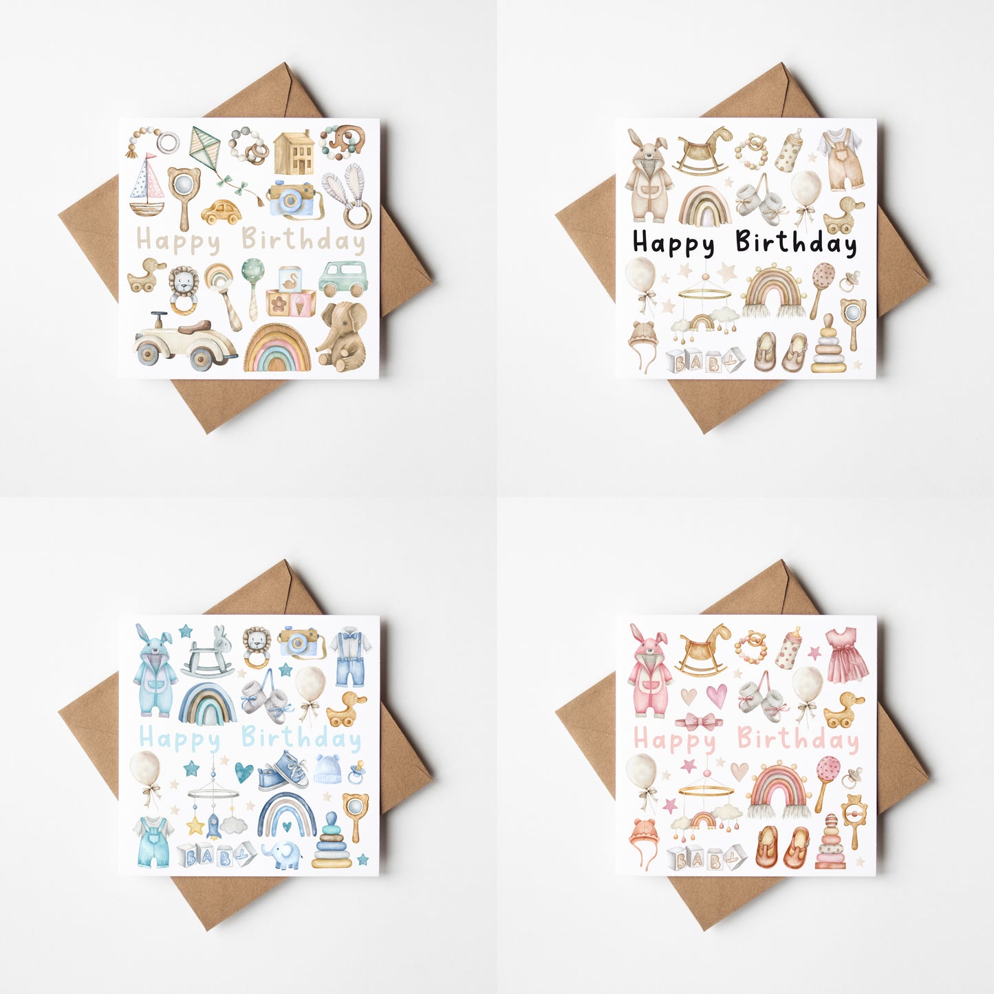 Birthday cards Pack of 4 Happy Birthday individual styles, pastel neutral blue or pink nursery kids toy themed cards with envelopes