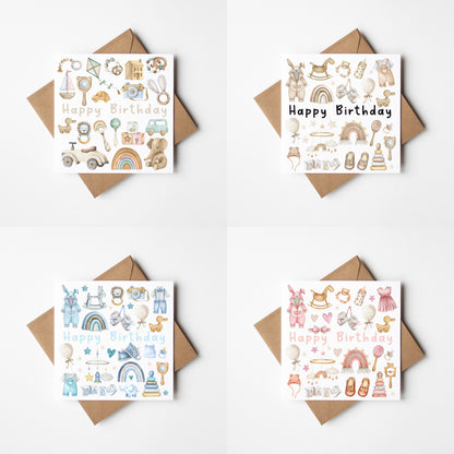 Birthday cards Pack of 4 Happy Birthday individual styles, pastel neutral blue or pink nursery kids toy themed cards with envelopes