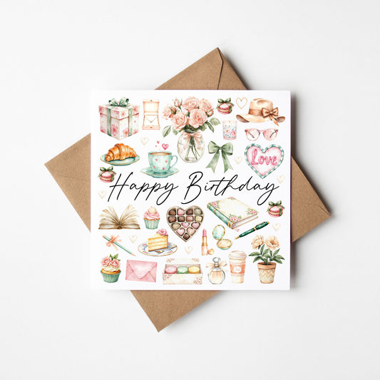 Birthday Card Watercolour Green & pink whimsical cottage core mood board Design with envelope