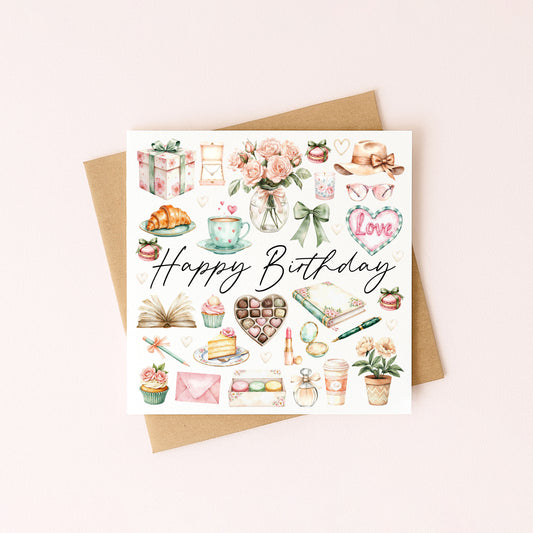 Birthday Card Watercolour Green & pink whimsical cottage core mood board Design with envelope