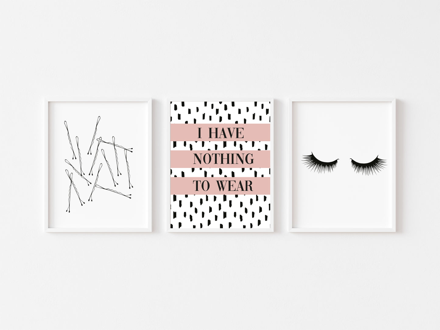 Set of 3 prints,  I have nothing to wear pink eyelashes and bobby pins borderless unframed prints