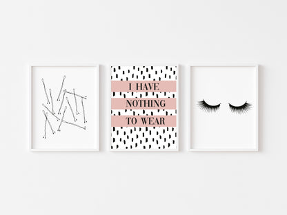 Set of 3 prints,  I have nothing to wear pink eyelashes and bobby pins borderless unframed prints