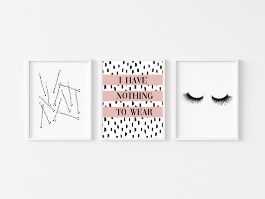 Set of 3 prints,  I have nothing to wear pink eyelashes and bobby pins borderless unframed prints