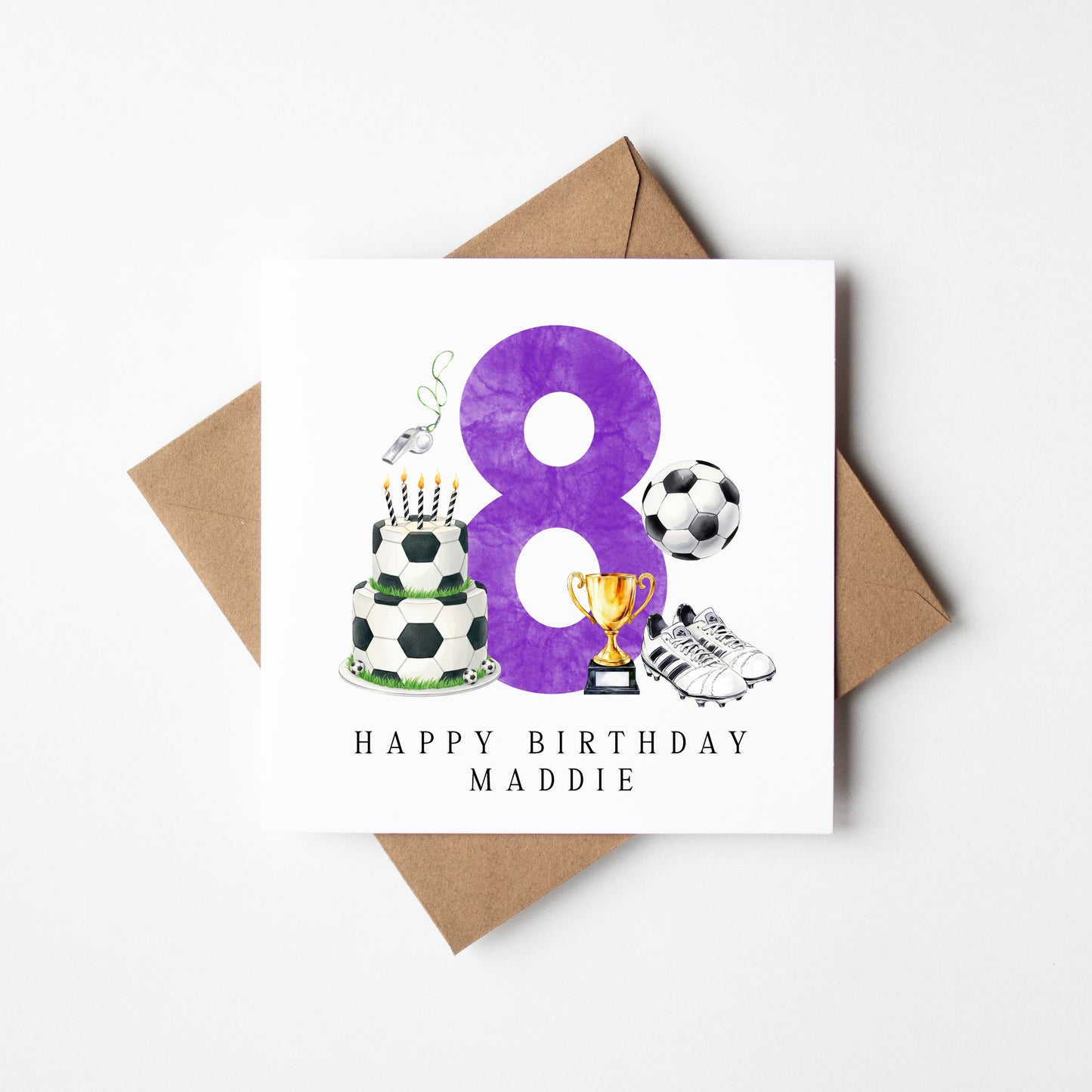 8th Birthday Card personalised purple football footy themed bday card number 8 with Envelope