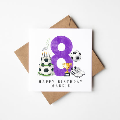 8th Birthday Card personalised purple football footy themed bday card number 8 with Envelope