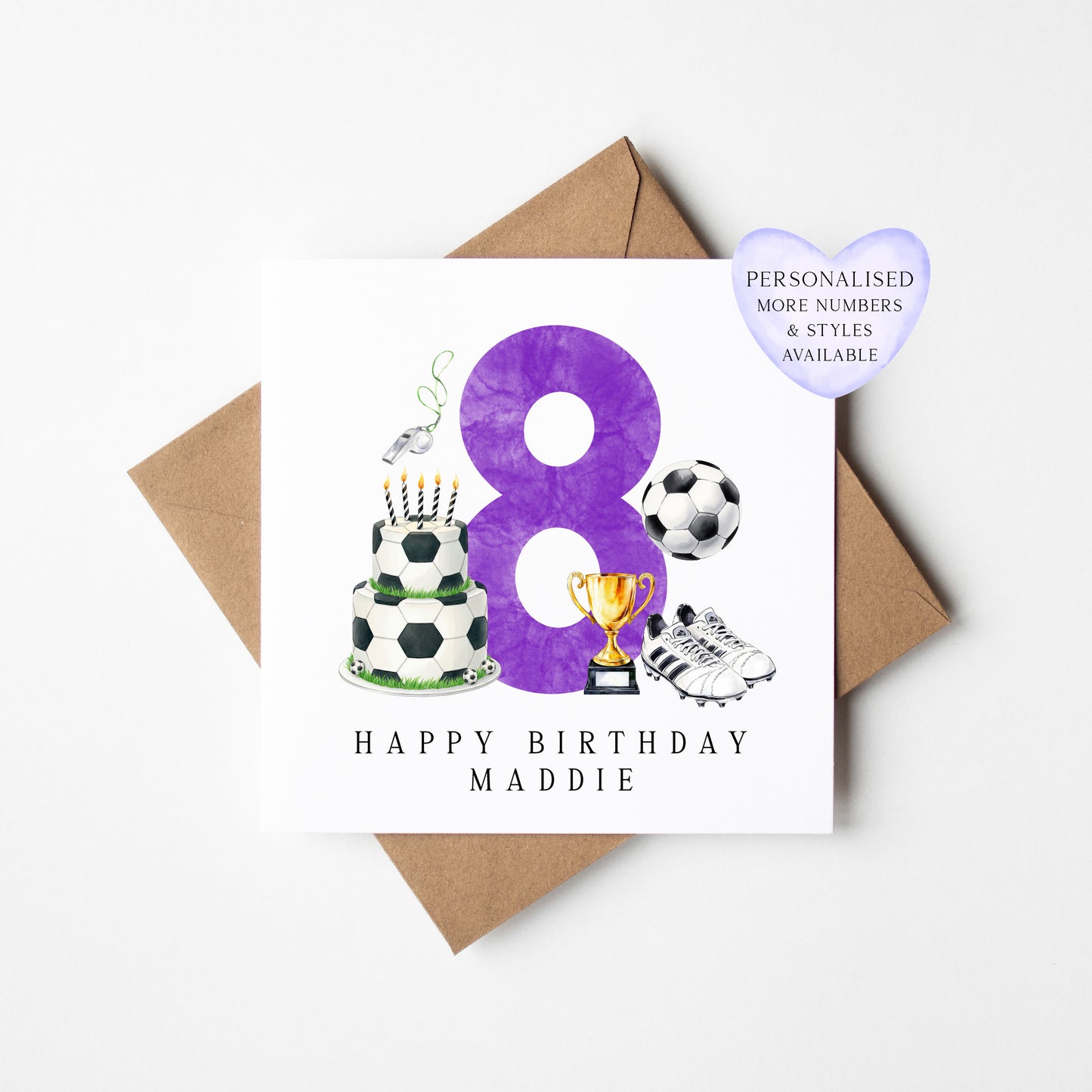 8th Birthday Card personalised purple football footy themed bday card number 8 with Envelope