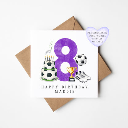 8th Birthday Card personalised purple football footy themed bday card number 8 with Envelope