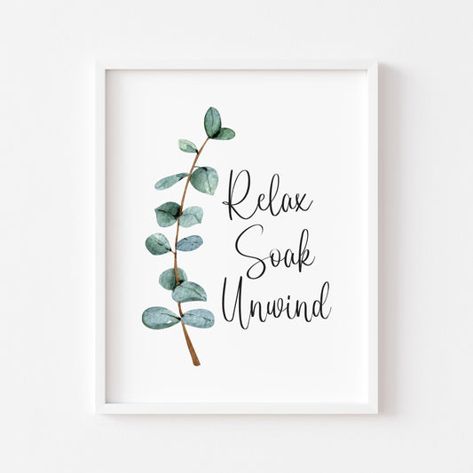 Relax soak unwind green blue eucalyptus botanical stem watercolour bathroom toilet unframed wall art poster print