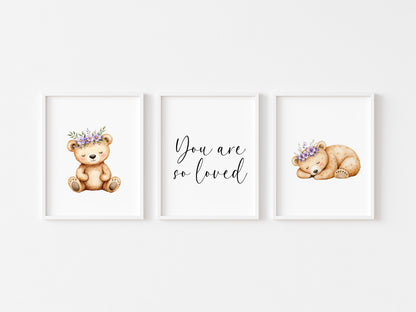 Woodland bear Nursery Prints Set Pink Purple bears you are so loved Girls Room Decor unframed wall art posters