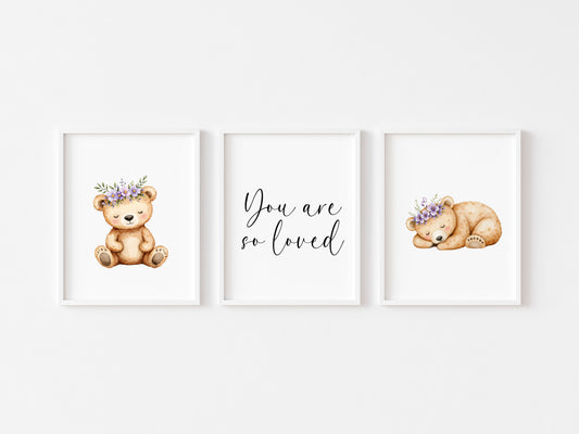 Woodland bear Nursery Prints Set Pink Purple bears you are so loved Girls Room Decor unframed wall art posters