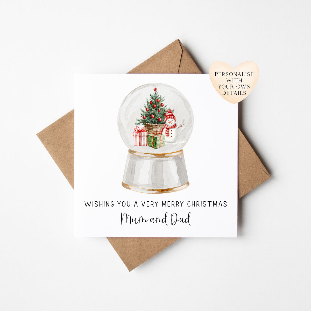 Christmas Card personalised snow globe red decoration family xmas seasonal card with envelope