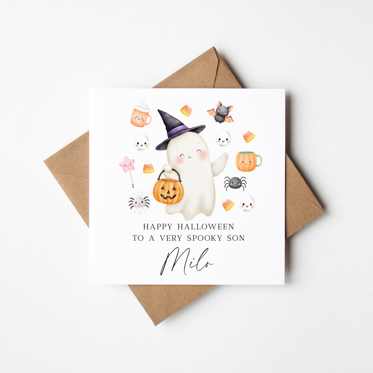 Kids Halloween card, to a very spooky child & name seasonal greetings card with envelope