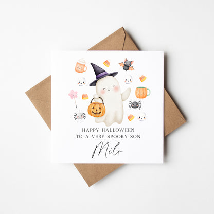 Kids Halloween card, to a very spooky child & name seasonal greetings card with envelope
