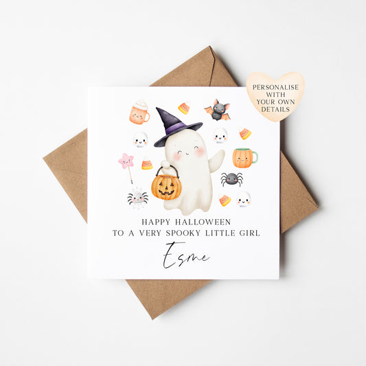 Kids Halloween card, to a very spooky child & name seasonal greetings card with envelope