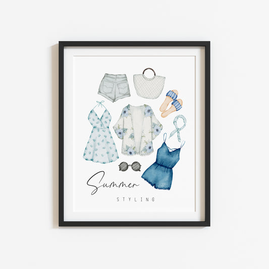Summer styling, blue summer fashion, summer accessories home seasonal unframed wall art poster print