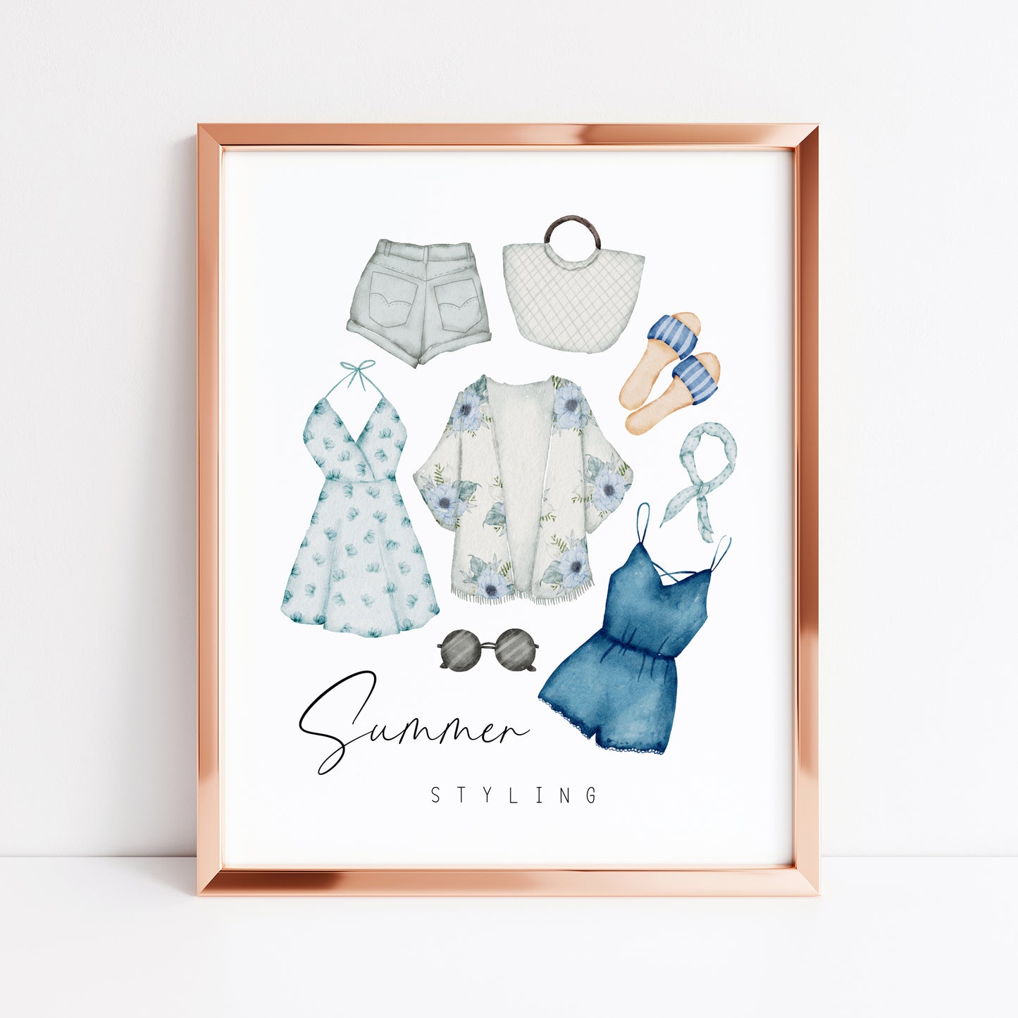 Summer styling, blue summer fashion, summer accessories home seasonal unframed wall art poster print