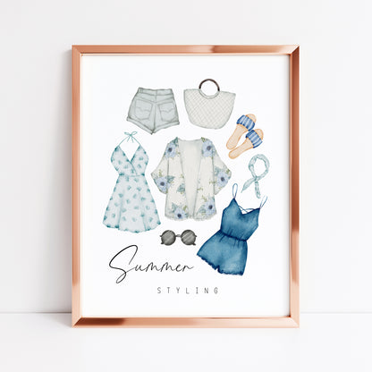 Summer styling, blue summer fashion, summer accessories home seasonal unframed wall art poster print